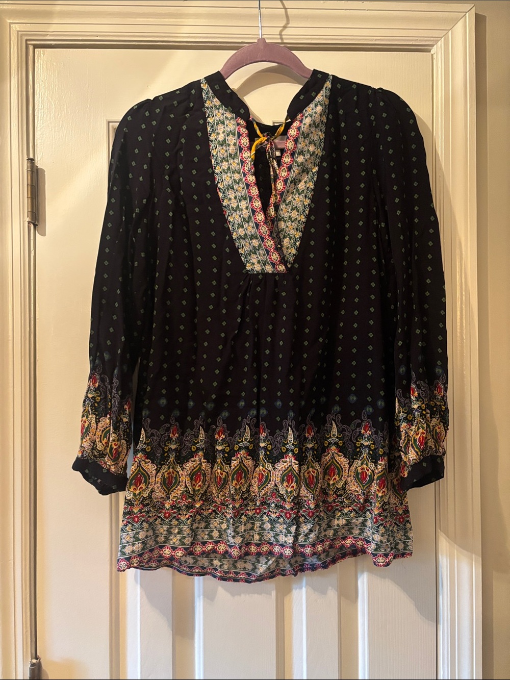 Black Bohemian Border-Print Long Sleeve Tunic
